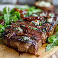 Grilled Peach and Burrata Salad with arugula, sweet peaches, and creamy cheese on a white platter.  
