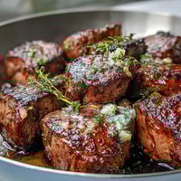 Juicy steak bites seared in garlic herb butter, perfect for a quick and flavorful dinner.