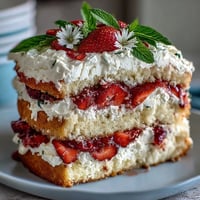 Naked cake with strawberries and cream, showcasing layers of soft sponge, fresh sliced strawberries, and fluffy whipped cream.