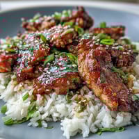 1. Juicy honey garlic chicken thighs slow-cooked in a sweet soy sauce, served over fluffy jasmine rice with sesame garnish.  