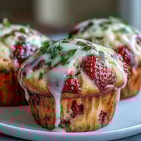 Fluffy strawberry lemon muffins topped with a tangy lemon glaze, bursting with fresh berries and citrus aroma.