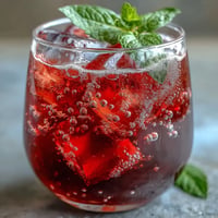 Sparkling Hibiscus Mint Lemonade Mocktail glistening with ice, fresh mint, and lemon garnish.