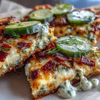 Tangy pickle pizza flatbread with garlic ranch drizzle, hot from the oven.