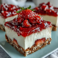 Closeup of Strawberry Pretzel Salad bars: sweet, salty layers ready to serve.